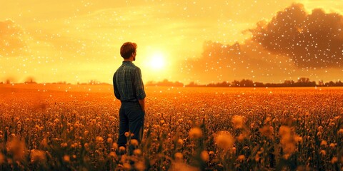 Fototapeta premium Farmer using digital technology to monitor crops, highlighting the intersection of agriculture and environmental sustainability, Generative AI