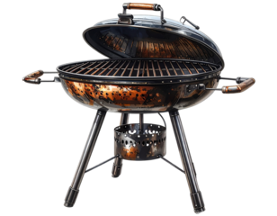 ClasModern Square Gas BBQ Grill with Side Shelves, Front View, PNG Isolatedsic Round Barbecue Grill with Open Lid, Isolated on Transparent Background