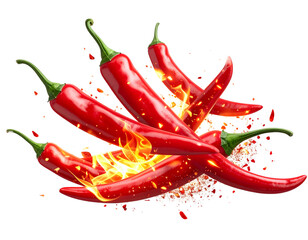 Falling Red Chili Peppers with Fiery Explosion Effect, Isolated on Transparent Background 
