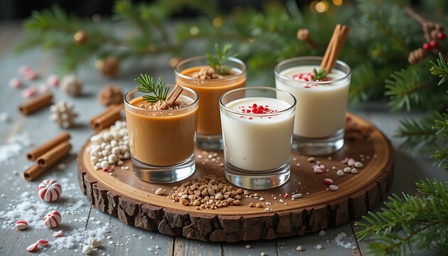 a arranged board of mini winter shots-Peppermint Bark, Gingerbread, and Eggnog-each in a small shot glass with their respective garnishes on a rustic wooden board.Pine sprigs,cinnamon sticks are scatt