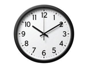 Minimal Round Wall Clock with White Face and Black Hands, Isolated on Transparent Background 