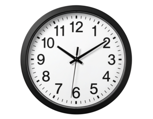  Minimal Round Wall Clock with White Face and Black Hands, Isolated on Transparent Background