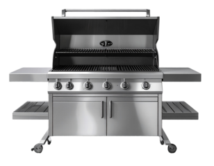  Modern Square Gas BBQ Grill with Side Shelves, Front View, PNG Isolated 