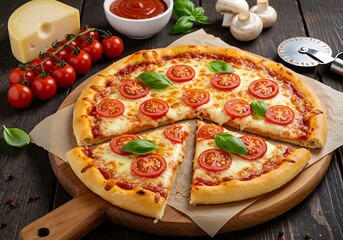Delicious homemade pizza margherita with fresh tomatoes, mozzarella, and basil leaves on a wooden board, served with tomato sauce and cheese