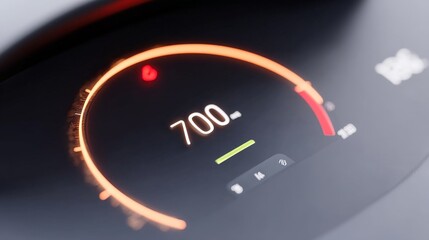 carbon,neutral,concept Digital dashboard displaying a speedometer and warning light for vehicle performance.