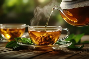 Glass teacup with steaming tea served outdoors