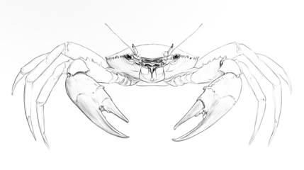 A long-bodied crab, its body oriented to the right of the image, facing forward. A series of minimalist line drawings, focusing on form and silhouette