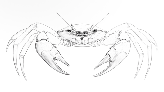 A long-bodied crab, its body oriented to the right of the image, facing forward. A series of minimalist line drawings, focusing on form and silhouette