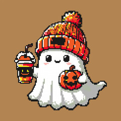 Cute Pixel Art Halloween Ghost in a Hat with Pumpkin and Coffee - Kawaii 8-Bit Illustration