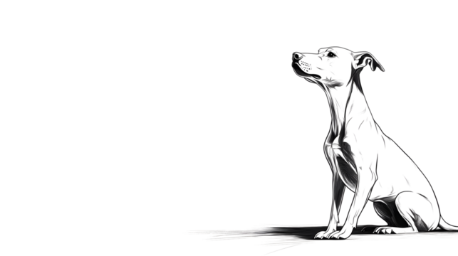 A long-bodied dog, its body oriented to the right of the image, facing forward. A series of minimalist line drawings, focusing on form and silhouette. isolated on a white background