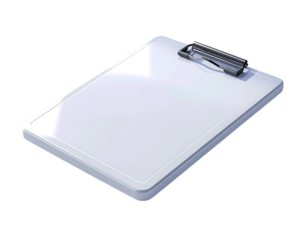 A clean, white clipboard with a dark grey metal clip, angled slightly, rests on a plain background