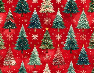 Christmas Trees on Red Background