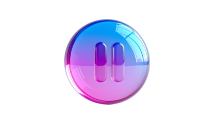 Glossy, vibrant blue-pink orb with a pause symbol;  realistic 3D rendering, reflective surface