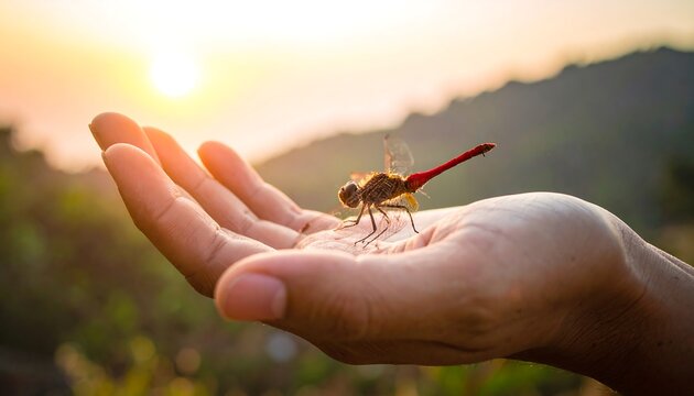 Dragonfly resting on a hand at sunset - Powered by Adobe