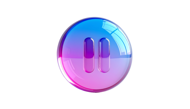 Glossy, vibrant blue-pink orb with a pause symbol; realistic 3D rendering, reflective surface