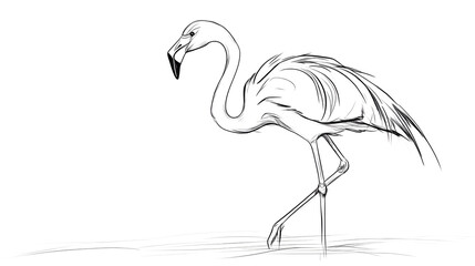 A long-bodied flamingo, its body oriented to the right of the image, facing forward. A series of minimalist line drawings, focusing on form and silhouette. isolated on a white background