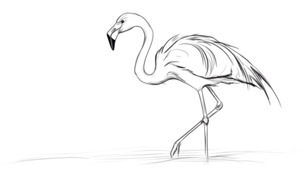 A long-bodied flamingo, its body oriented to the right of the image, facing forward. A series of minimalist line drawings, focusing on form and silhouette. isolated on a white background