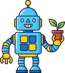Cartoon robot holding a potted plant with green leaves on white editable stock