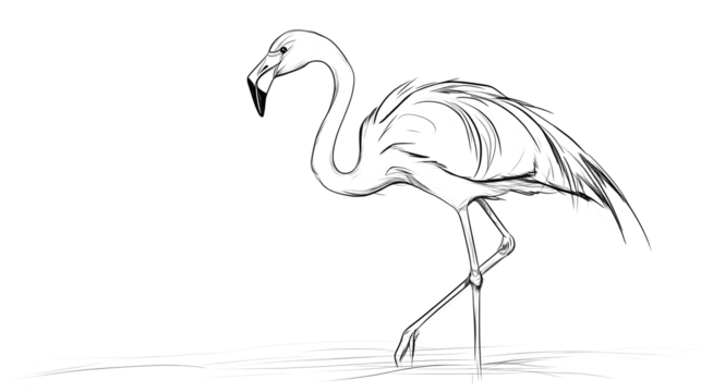 A long-bodied flamingo, its body oriented to the right of the image, facing forward. A series of minimalist line drawings, focusing on form and silhouette. isolated on a white background