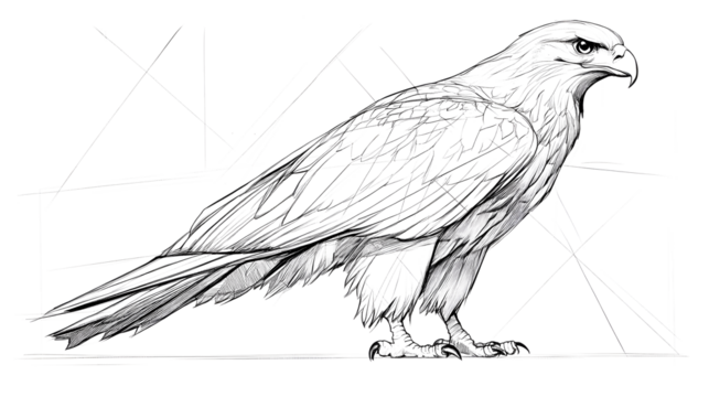 A long-bodied eagle, its body oriented to the right of the image, facing forward. A series of minimalist line drawings, focusing on form and silhouette. isolated on a white background