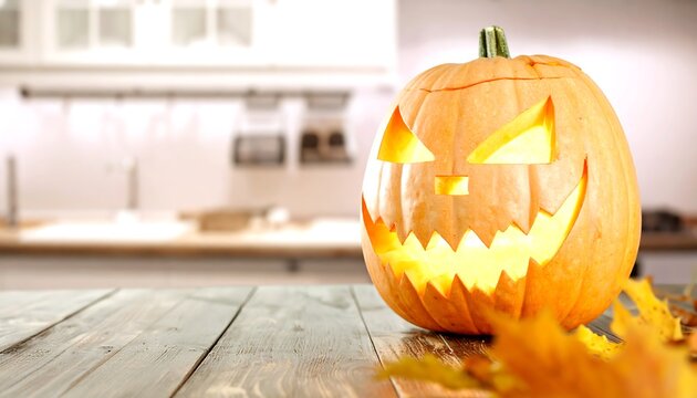 Glowing jack-o'-lantern on wooden table - Powered by Adobe