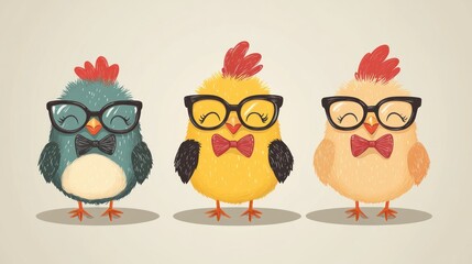 Obraz premium Three cute chicks wearing glasses and bow ties