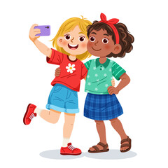 Two adorable smiling girls hugging and taking a selfie on white background