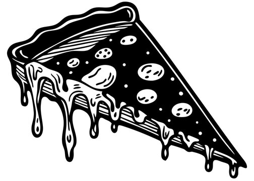black and white pizza slice with dripping cheese clip art preview