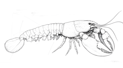 A long-bodied lobster, its body oriented to the right of the image, facing forward. A series of minimalist line drawings, focusing on form and silhouette. isolated on a white background
