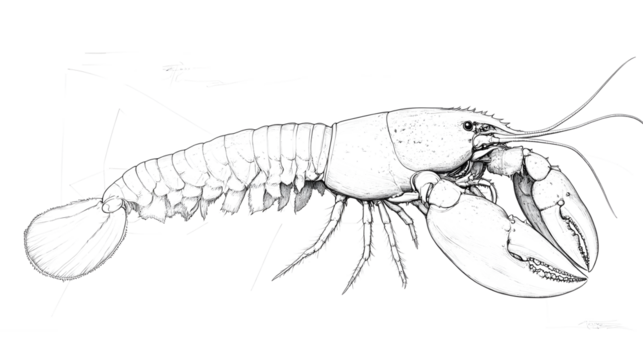 A long-bodied lobster, its body oriented to the right of the image, facing forward. A series of minimalist line drawings, focusing on form and silhouette. isolated on a white background