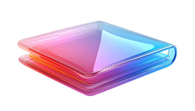A vibrant, translucent, three-layered digital folder icon;  pink, orange, and blue gradients with a subtle stitched seam