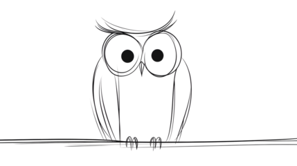 A long-bodied owl, its body oriented to the right of the image, facing forward. A series of minimalist line drawings, focusing on form and silhouette