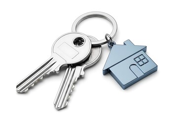 House key with a house shaped keychain isolated on white background