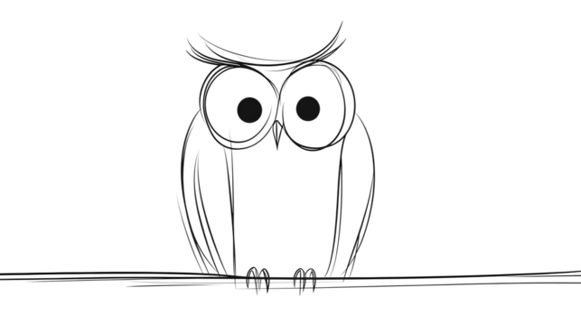 A long-bodied owl, its body oriented to the right of the image, facing forward. A series of minimalist line drawings, focusing on form and silhouette - Powered by Adobe