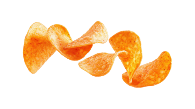 Crunchy Golden Potato Chips Flying against a Transparent Background Ready for Enjoyment