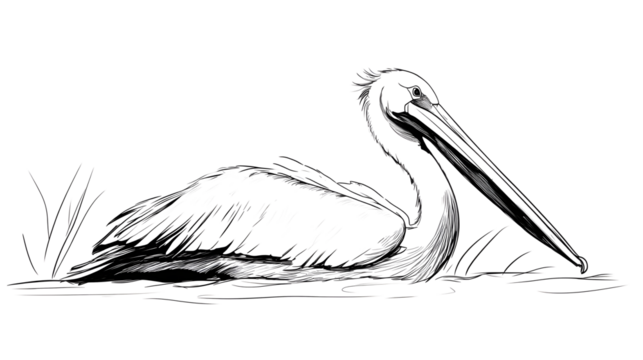 A long-bodied pelican, its body oriented to the right of the image, facing forward. A series of minimalist line drawings, focusing on form and silhouette. isolated on a white background