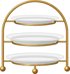 A three tiered dessert stand with gold frame and empty white plates editable stock
