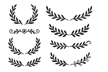 Set of black laurel branches collection, vintage hand-drawn laurel wreaths and floral ornament dividers, decorative leaves, swirls, award frames, elegant vector design