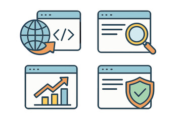 Set of browser window and search bar icons with web development, analytics, security, and search concepts, vector illustration with transparent background for technology design