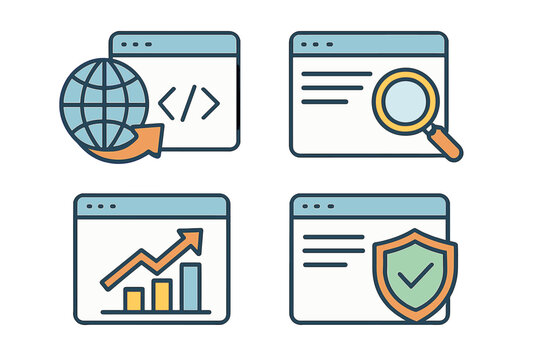 Set of browser window and search bar icons with web development, analytics, security, and search concepts, vector illustration with transparent background for technology design