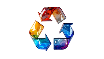 A vibrant, three-arrow recycling symbol rendered in a glossy, multifaceted, rainbow-hued, translucent material on a black background