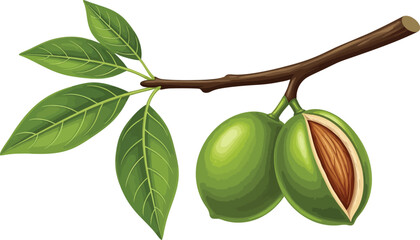 A branch with green almonds and leaves isolated on white background editable stock
