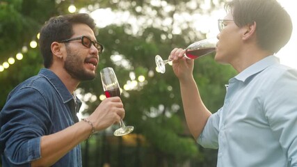 Happy diverse Asian millennial people friends enjoy meeting holiday celebration social gathering dinner party in garden evening, eating food, drinking wine and talking together outdoor festive event.