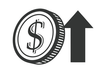 Ascending Arrow with Dollar Coin on White Background Design
