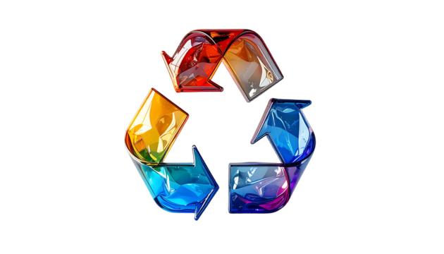 A vibrant, three-arrow recycling symbol rendered in a glossy, multifaceted, rainbow-hued, translucent material on a black background