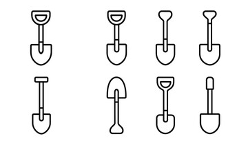 Shovel line icon collection, outline gardening and construction tools set, vector cartoon illustration for graphic design, web apps, adverts, cards, transparent background