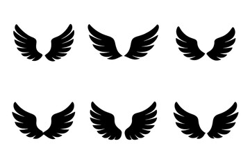 Fototapeta premium Set of black wing icons. Angel wings silhouette collection for logo, emblem or tattoo design. Vector illustration of heraldic bird wings for freedom and flight concepts.