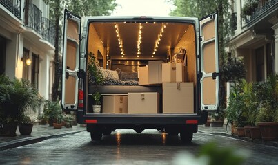 Moving truck filled with cardboard boxes and furniture, symbolizing the process of relocation and settling into a new home, Generative AI