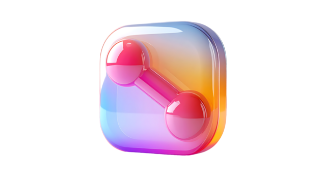 Glossy square icon with a vibrant gradient background and a 3D rendered link symbol featuring two interconnected spheres - Powered by Adobe