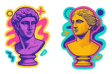 Set of antique statue busts in retro 90s collage style. Vector illustration of Greek or Roman sculptures with halftone texture. Vaporwave aesthetic funky stickers design.